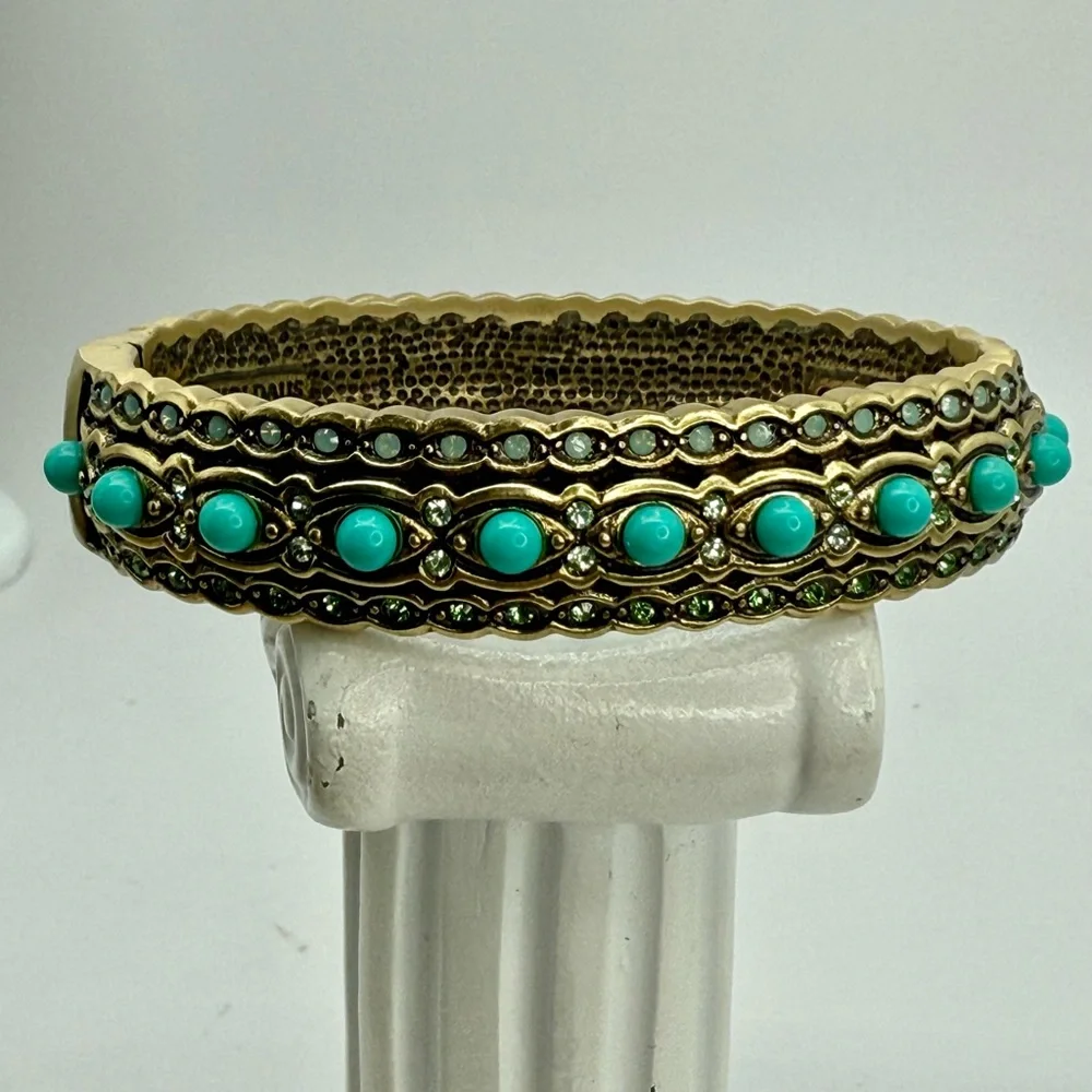 Vintage Heidi Daus Hinged Bangle Bracelet Turquoise Cabochon & Crystals Art Deco